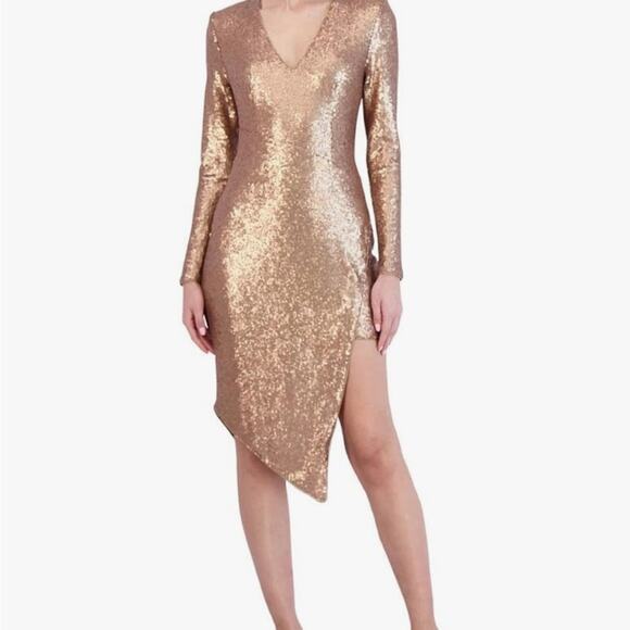 BCBGMAXAZRIA Long Sleeve Sequin Mini Dress V Neck Gold Size 2 Sexy Party - Picture 4 of 9